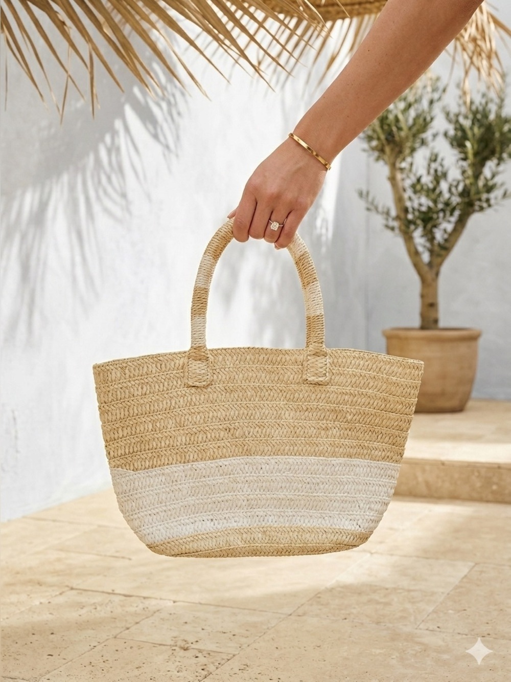 Natural straw beach tote bag with cream stripe